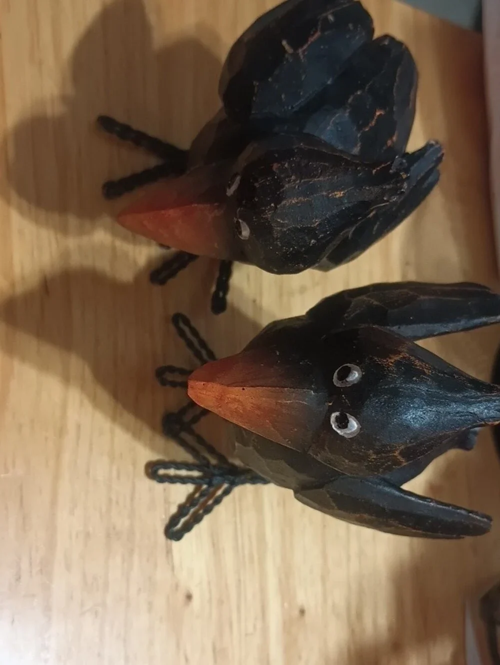 Hand-Carved Black Crow Figurines with Orange Beaks - Decorative Bird Pair